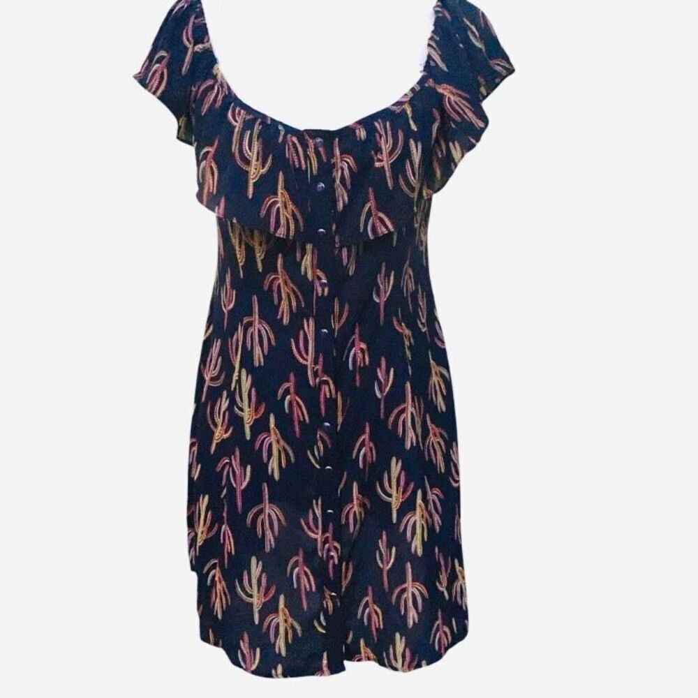 Gypsies & Wondrous Navy Cactus Print Ruffle-Neck Mini Dress  Size L  Button Fron